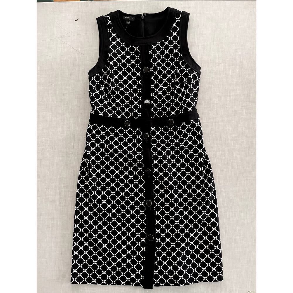 Talbots Sz 8P Graphic Print Sheath Dress Black Print Stretch Career Preppy NWT - Picture 3 of 12